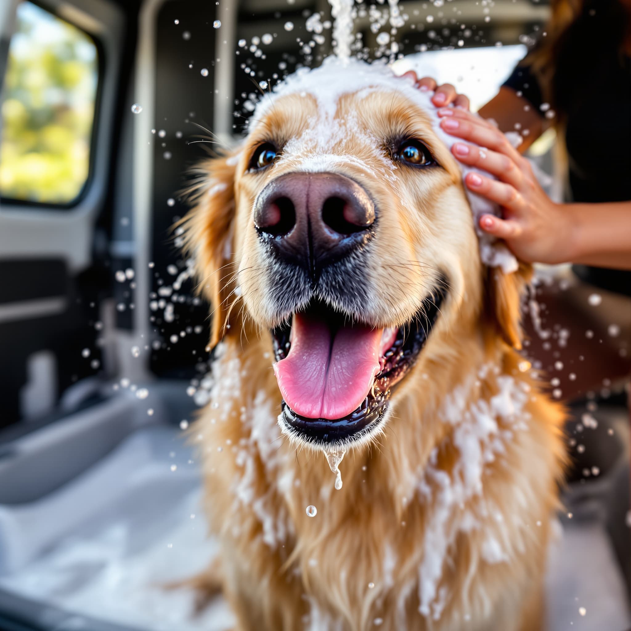 Happy golden retriever mid-bath