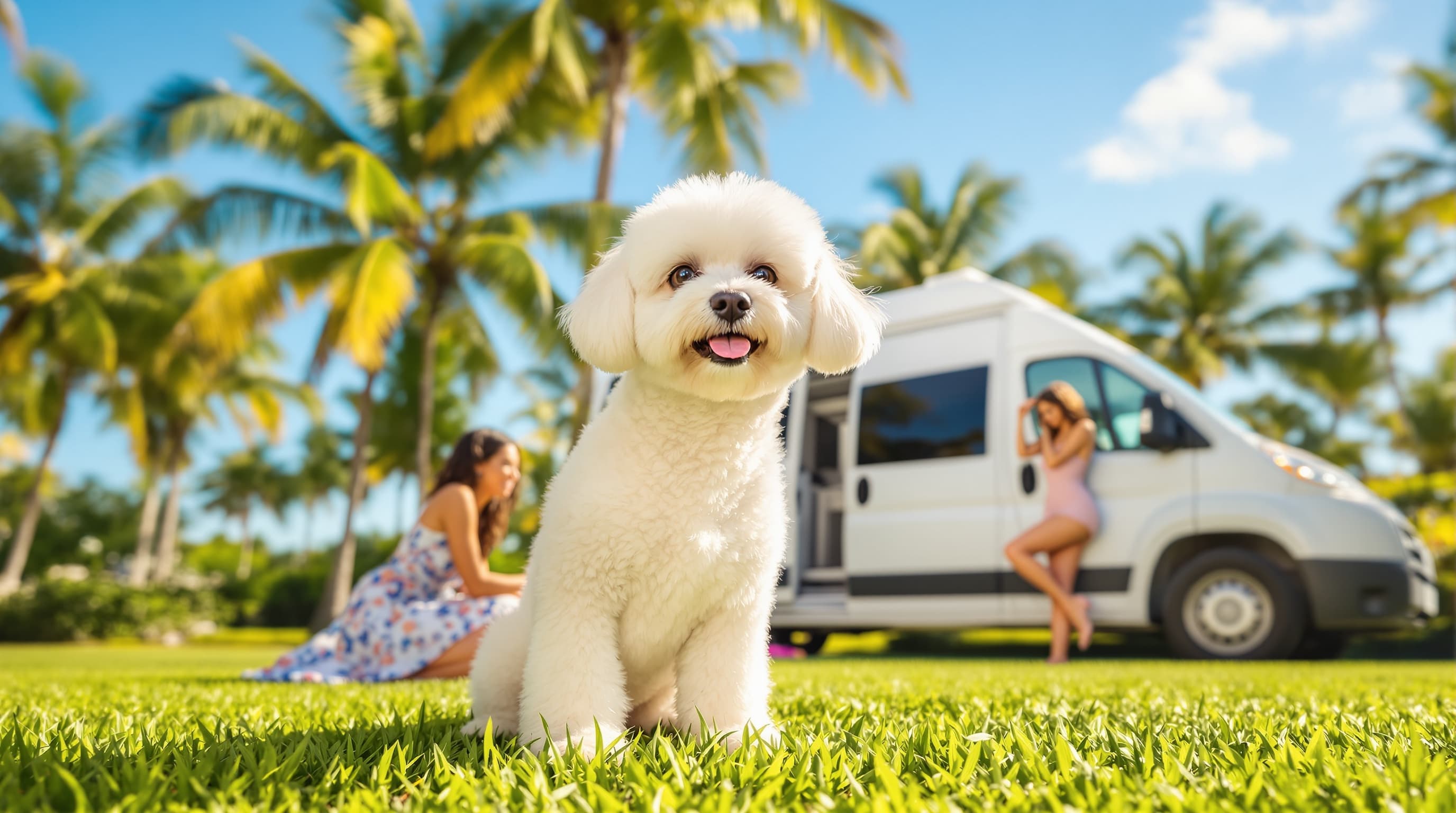 Freshly groomed bichon frise on Palm Beach lawn