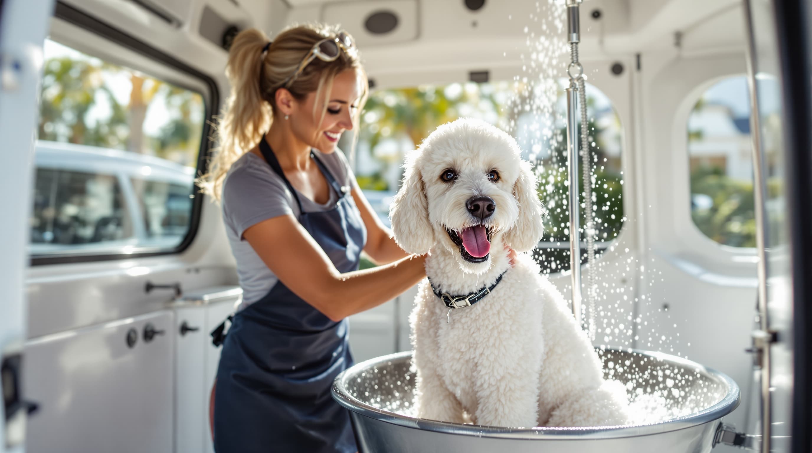 Female groomer washing a happy white poodle inside our Palm Beach mobile grooming van