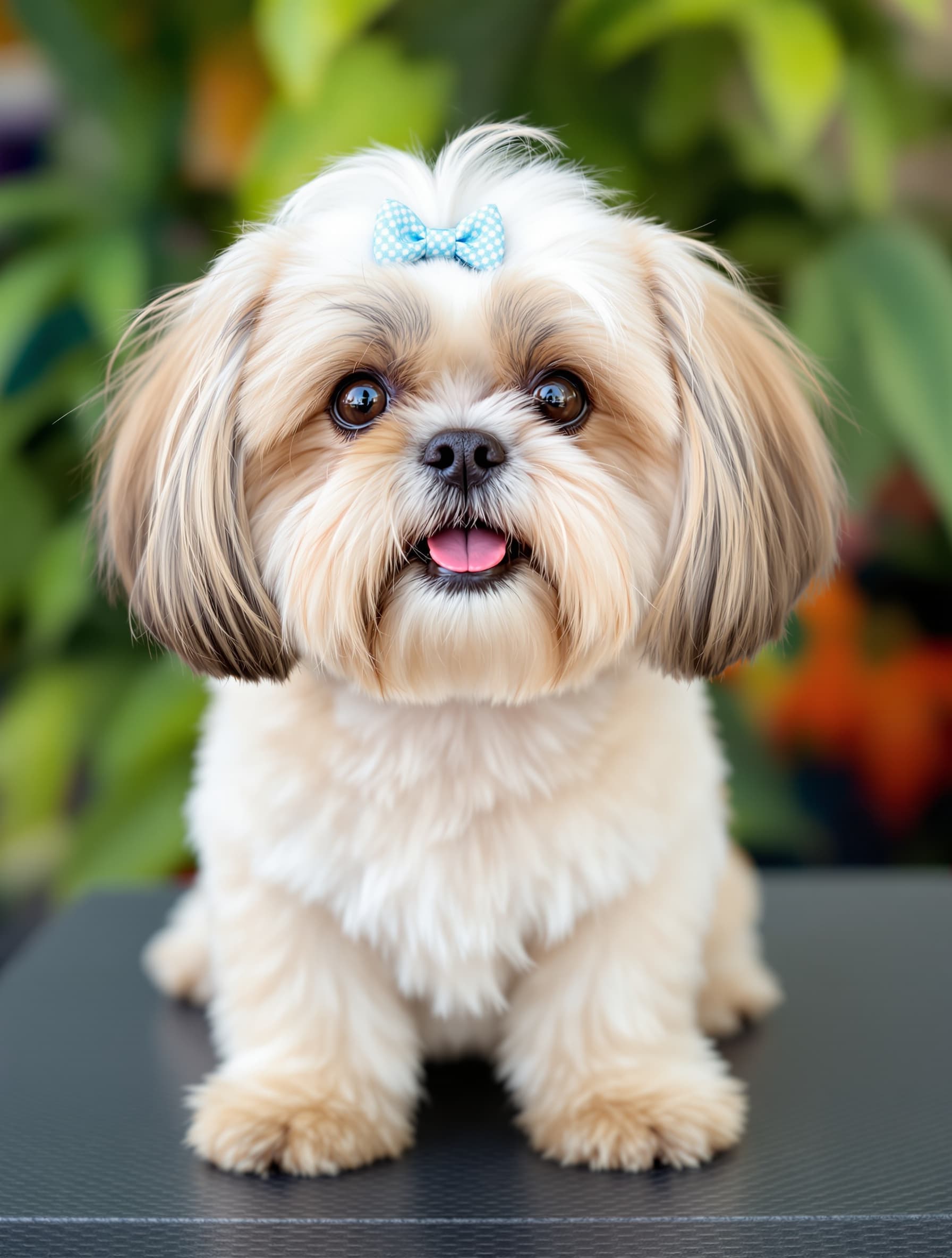 Shih Tzu with a freshly groomed coat sitting on a grooming table in Palm Beach County